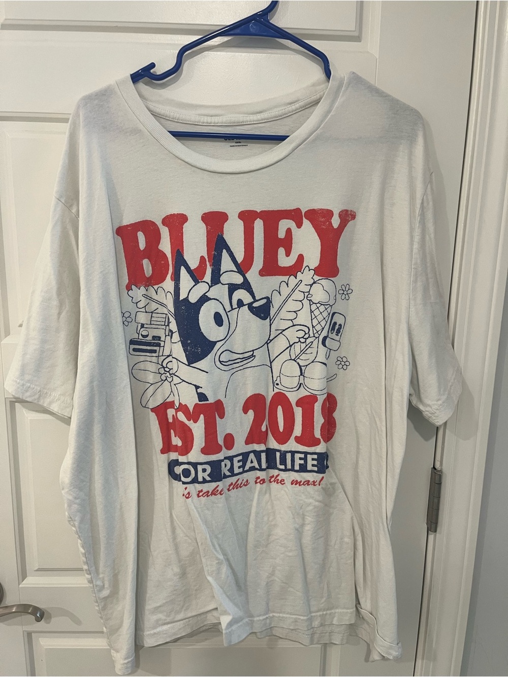 White Graphic Bluey T-Shirt - Red & Blue Design